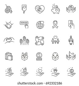 Charity, donation and volunteering icon set in thin line style