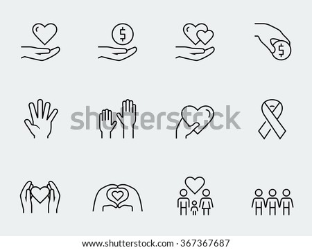 Charity, donation and volunteering icon set in thin line style