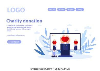 Charity donation web page.Flat vector illustration isolated on white background. Can use for web banner, infographics, web page.