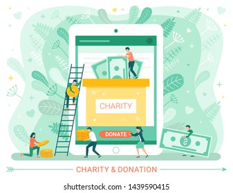 Charity and donation web poster, people donate money. Vector male climbing on ladder, teamwork and generosity, people and money banknotes, green leaves. Invest in new idea