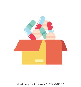 concepto de donaciones de caridad, caja con icono de pastillas medicinales sobre fondo blanco, estilo plano, ilustración vectorial
