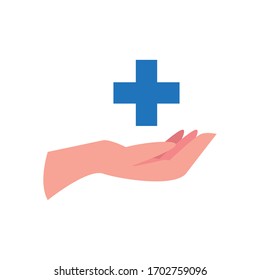 charity donations concept, hand and medical cross icon over white background, flat style, vector illustration