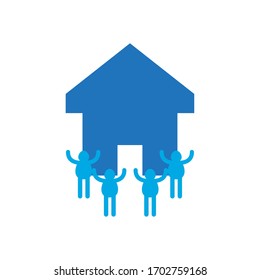 charity donations concept, house with pictogram people around icon over white background, flat style, vector illustration