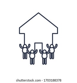 charity donations concept, house with pictogram people around icon over white background, line style, vector illustration