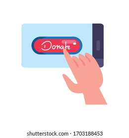 charity donations concept, smartphone with donate button and hand icon over white background, flat style, vector illustration