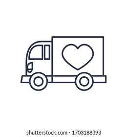 charity donations concept, donations truck with heart icon over white background, line style, vector illustration