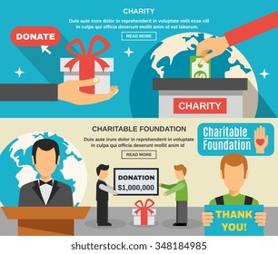 Charity and donations horizontal banners set with people and world symbols flat isolated vector illustration