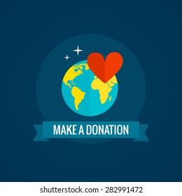 Charity And Donations Icon With Globe Heart And Ribbon On Blue Background Flat Vector Illustration 