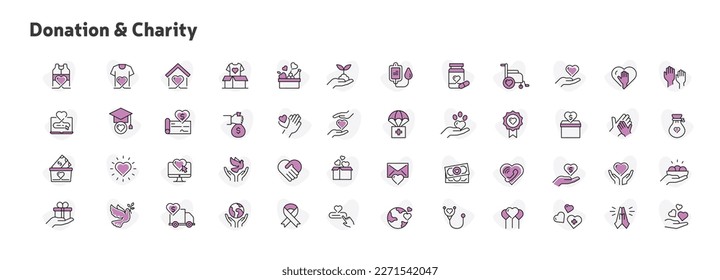 Charity and Donations Icon Set, Giving and Philanthropy Icons, Non-Profit and Charity Icon Collection, Humanitarian Aid Icon Pack, Charitable Giving and Fundraising colored vector editable icons.