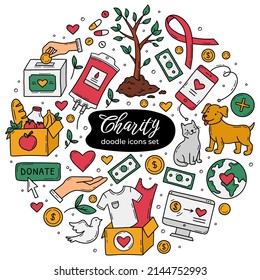 Charity and donations vector doodle icons set. Animal help, clothing, food and medicine, blood donation and awareness ribbon. Symbols of support in the hands. Money transfer from volunteers