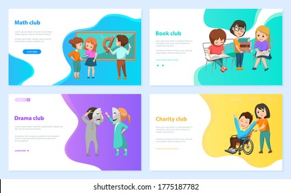 Charity and drama club vector, math and book hobby back to school concept. Children helping disabled students, acting on stage and solving geometry problems. Website or webpage template, landing page