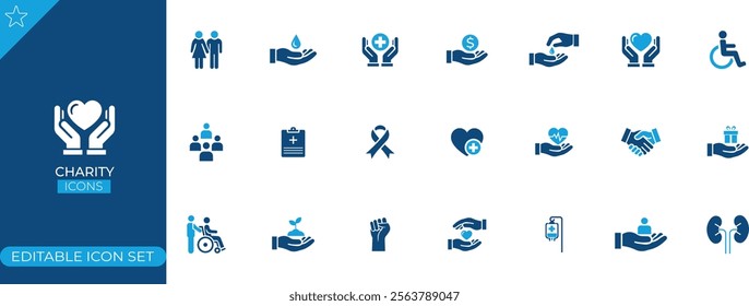 Charity Editable Icon Set is a flat vector illustration collection featuring minimalist and customizable icons related to charitable activities.