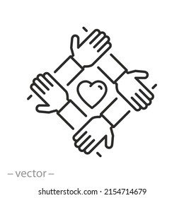 Charity Effort Icon, Join The Volunteer Team, Together Teamwork, Leadership Initiative In The Employee Community, Thin Line Web Symbol On White Background - Editable Stroke Vector Illustration