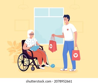 Charity for elderly flat color vector illustration. Volunteer visititing disabled senior woman. Grandmother with social service worker 2D cartoon characters with nursery home interior on background