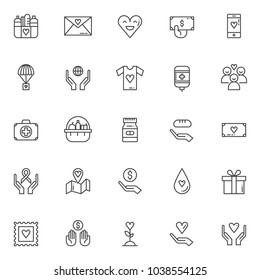 Charity elements outline icons set. linear style symbols collection, line signs pack. vector graphics. Set includes icons as Donation food, Happy heart, hand with money, Blood transfusion