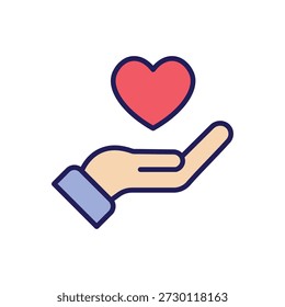 Icono de caridad y empatía con una mano que sostiene un corazón, símbolos de bondad y seguro de vida para conceptos de donación y organización sin fines de lucro