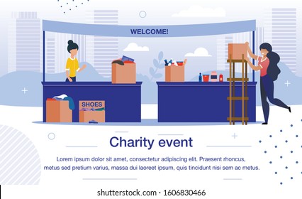 Charity Event, Donations Collecting for Social Needs Trendy Flat Vector Banner, Poster Template. Multinational Female Volunteers Taking Part in Charity Fair, Collecting Clothing and Food Illustration