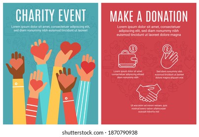 Charity event flyer. Donation and volunteering poster. Hands donate hearts and line icon elements. Community help brochure vector concept. People sharing money and love with raised arms