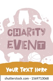 Charity event hand drawn illustration with typography. Monetary contribution. Stylized lettering with ink drops. Volunteer fund, beneficent organization poster with text space