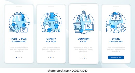 Charity event ideas onboarding mobile app page screen. Charitable sales walkthrough 4 steps graphic instructions with concepts. UI, UX, GUI vector template with linear color illustrations
