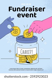 Charity event poster. Hands put golden coins to glass jar. Generosity and charity, kindness. Fundraising party and event. Booklet and leaflet. Linear vector illustration