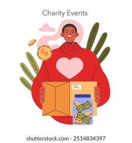 Charity Events concept. A person represents altruism, holding a donation box amidst symbols of generosity. Volunteering and giving visual theme. Vector illustration.