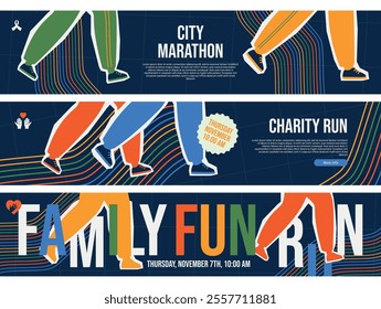 Charity family run marathon sport activity banner design template set vector flat illustration. Running jogging people legs athletic sprint runner jogger donation social help athletic event