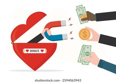 Charity, financial assistance, aid or support, philanthropy. Hand uses magnet to attract donations. Human hands give money. Donating money to nonprofit organization, foundation. vector illustration
