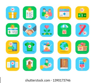 Charity flat color icons set. Social help. Fundraising, volunteering concept. Sign for web page, mobile app, banner, social media, button, logo. Pictogram user interface. Vector isolated template.