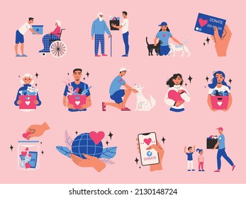 Charity Flat Color Set Of People People Caring For Disabled Person And Pets Donation Boxes With Money And Humanitarian Help Isolated Vector Illustration