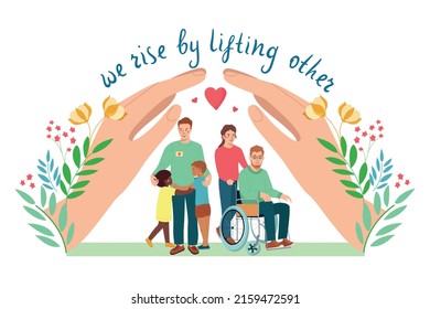 Charity flat composition with huge human hands covering volunteers and children with disabled person and text vector illustration