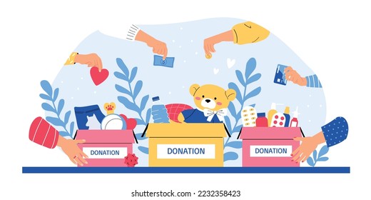 Charity flat concept with human hands taking money and various things into donation boxes vector illustration