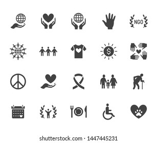 Charity flat glyph icons set. Donation, nonprofit organization, NGO, giving help vector illustrations. Signs for donating money, volunteer community. Solid silhouette.