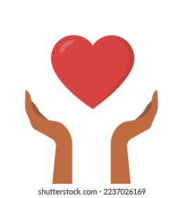 Icono plano de la caridad. Las manos toman el corazón.Ilustración vectorial aislada en fondo blanco.Eps 10.