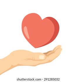 Charity flat illustration. Human hand with heart. Flat design concepts for web banners, web sites, printed materials. Creative vector illustration