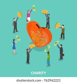 Charity flat isometric vector concept. People donate coins and banknotes by putting them into the money box that looks like a big heart.