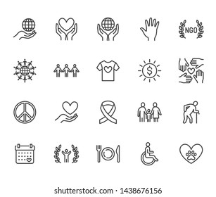 Charity flat line icons set. Donation, nonprofit organization, NGO, giving help vector illustrations. Outline signs for donating money, volunteer community. Editable Strokes.