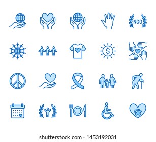 Charity flat line icons set. Donation, nonprofit organization, NGO, giving help vector illustrations. Outline signs for donating money, volunteer community. Pixel perfect 64x64. Editable Strokes.