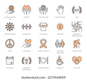 Charity flat line icons set. Donation, nonprofit organization, NGO, giving help vector illustrations. Outline signs for donating money, volunteer community. Orange color. Editable Stroke