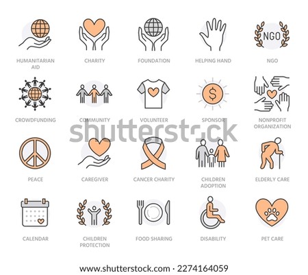 Charity flat line icons set. Donation, nonprofit organization, NGO, giving help vector illustrations. Outline signs for donating money, volunteer community. Orange color. Editable Stroke