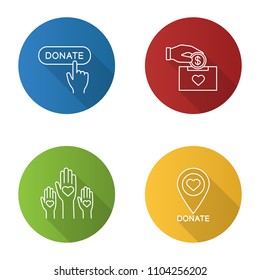 Charity flat linear long shadow icons set. Donation box, unity in diversity, charity organiazation location, donate click button. Vector outline illustration