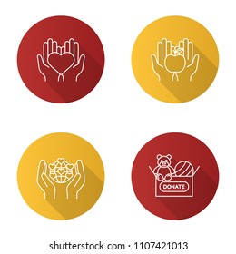 Charity flat linear long shadow icons set. Food and toys donation, international charity, hands holding heart. Vector outline illustration