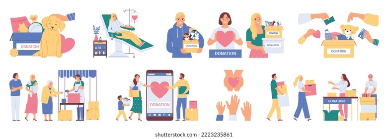 Charity flat set with people making donations for animals elderly people children isolated vector illustration
