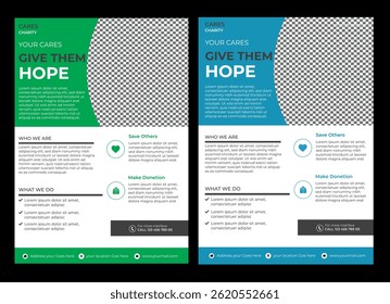 Charity Flyer it color is Blue and green size is A4 Editable Charity and donation a4-size flyer design Template or fundraiser poster design, old care nursing home advertising poster, leaflet, and hand
