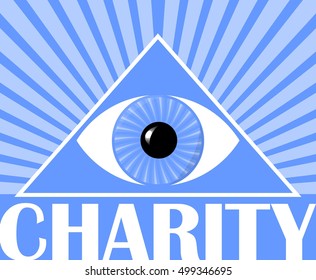 Charity flyer with a symbol of God's eye in triangle. Blue background with white rays. Poster for christian charity events. 