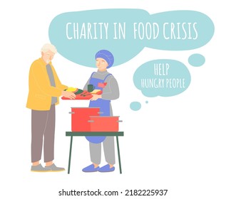 Charity in food crisis. Support the poor. Need help. Global crisis, inflation, hunger, humanitarian catastrophe concept. Starvation, malnutrition. Vector illustration isolated on a white background