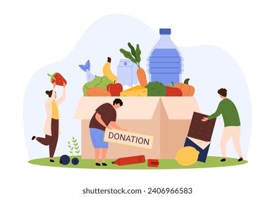 Charity and food delivery, charitable social support for poor people and awareness. Tiny volunteers donate help, collect necessary products from grocery store in box cartoon vector illustration