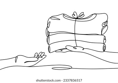 Charity in the form of clothing. Selfless help to those in need. International Day of Charity. One line drawing for different uses. Vector illustration.