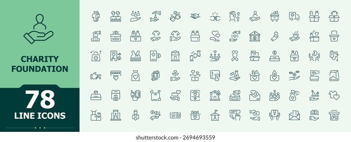 Colección de iconos lineales de Charity Foundation. Incluye símbolos de línea delgada, patrocinador, donación, Asistencia, voluntario, comunidad, unidad y más. Conjunto de iconos delgados. Arte vectorial editable. Patrocina un simple conjunto de iconos.