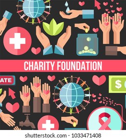 Charity foundation vector poster for social blood donation and volunteer help fund organization